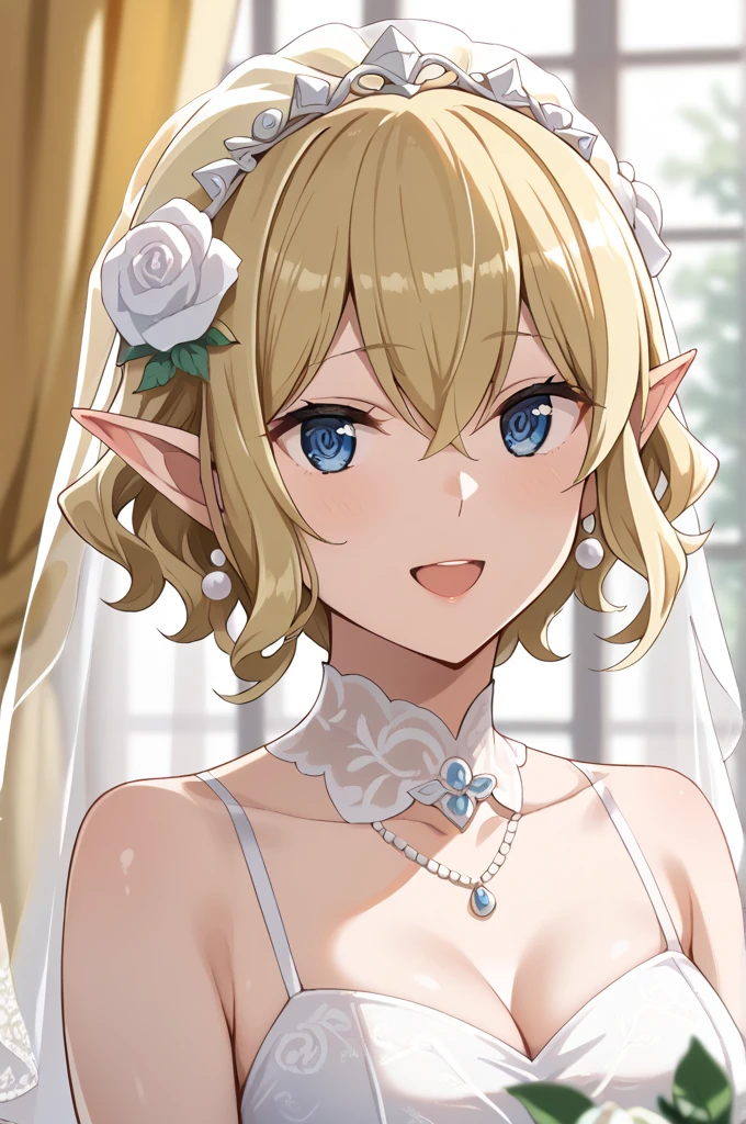 masterpiece,best quality,{{detailed beautiful face and eyes}}, 
Ryuu Lion,{{{megami magazine}}},short hair,blonde hair,wavy hair,pointy ears,hair between eyes,blue eyes,medium breasts,
hairstyle: (wedding bun short hair:1.2)
Outfit: (wedding dress,intricate dress, ball gown, bridal veil, bride, curtains, 
depth of field, dress, flower, hair flower, hair ornament, see-through,white flower, white rose:1.1),(face full of joy:1.3)