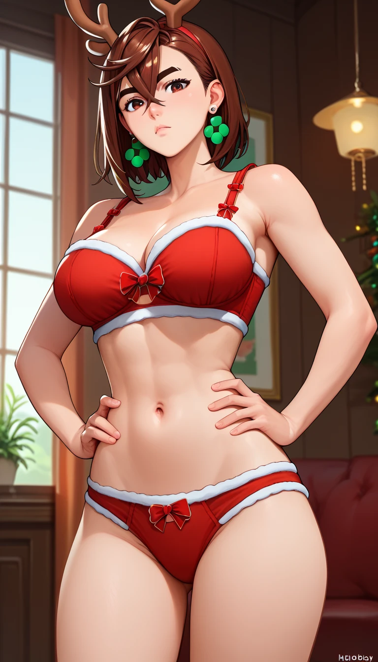 score_9, score_8_up, score_7_up,, source_anime, 1girl, KJOmomo, brown hair, brown eyes, medium hair, hair between eyes, thick eyebrows, earrings, looking at viewer, holidey theme, reindeer bra, reindeer panties, reindeer lingerie, large breasts, standing, hands on hip