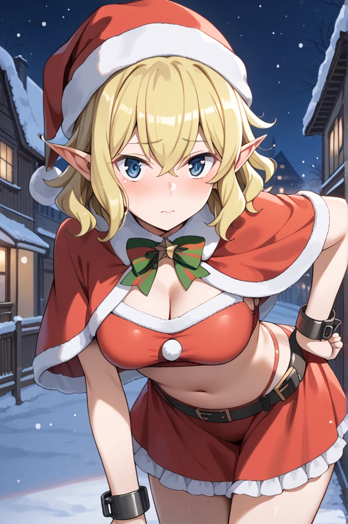 masterpiece,best quality,{{detailed beautiful face and eyes}}, 
Ryuu Lion,{{{megami magazine}}},short hair,blonde hair,wavy hair,pointy ears,hair between eyes,blue eyes,medium breasts,
((santa,(santa swimwear:1.3),red swimwear,(zettai ryouiki:1.3),navel,frilled skirt,cuffs,santa hat,bow tie)),
1girl,(is embarrassing,big blush,closed mouth:1.0),
((leaning forward,hand on hip:1.2)),
(night city,snow:1.0),clothed