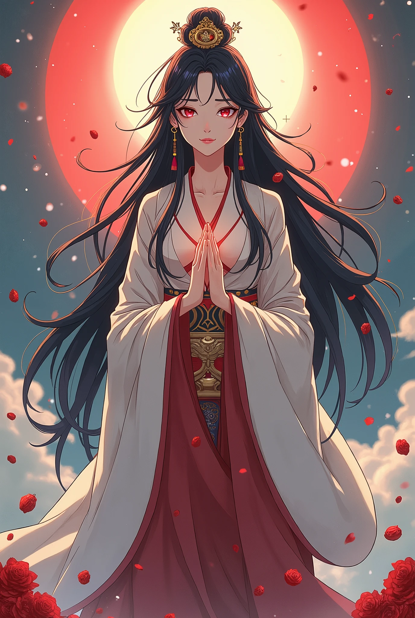  beautiful goddess Amaterasu, whole body, Japan's highest goddess ,  A gentle face,  beautiful dark hair, Takamagahara prayer,  high image quality, masterpiece,  anime style, 