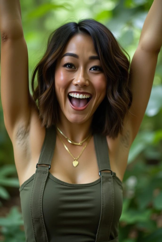 karfuku, in the jungle She has a out of breath, inviting smile, revealing her straight white teeth, with mid wavy hair cascading over her face. She is dressed in a lara croft outfit, tonb raider. She accessorizes with a gold necklace with a heart pendant. full body, cowboy shot on a Sony Alpha 1 dslr 8k camera. there is a slight bokeh effect and film grain. she is looking at the viewer. Arms up
