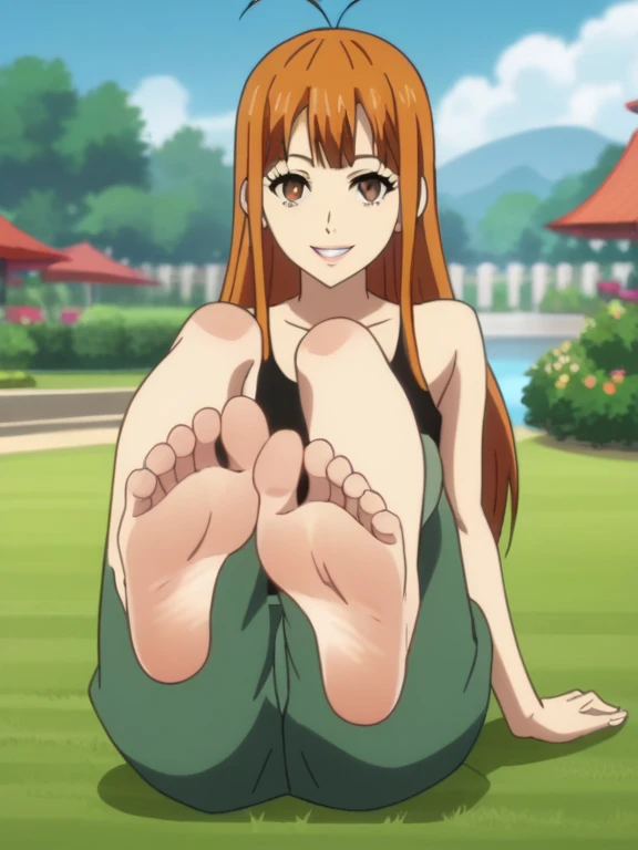 score_9, score_8_up,source_anime,
1girl, Futaba Sakura, alone, looking at viewer, cowboy shot, anime screencap, anime coloring，barefoot，Perfect feet，Anatomically correct，soles，Focal length 35mm, Five toes，front，Symmetrical Soles，Foot Focus, in a garden, lying on the grass with her back against the ground, lifting legs to show her soles, smile, black camisole, baggy green pants