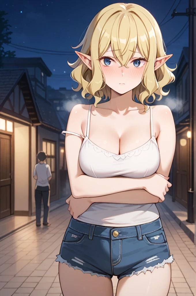 masterpiece,best quality,{{detailed beautiful face and eyes}}, 
Ryuu Lion,{{{megami magazine}}},short hair,blonde hair,wavy hair,pointy ears,hair between eyes,blue eyes,medium breasts,
camisole, bare shoulders, cleavage, crop top, cutoffs, denim shorts, midriff, short shorts, spaghetti strap,
1girl,(is embarrassing,big blush,closed mouth,steam:1.0),
((standing,cowboy shot,looking at viewer,breast hold:1.2)),
(night city background:1.0),clothed