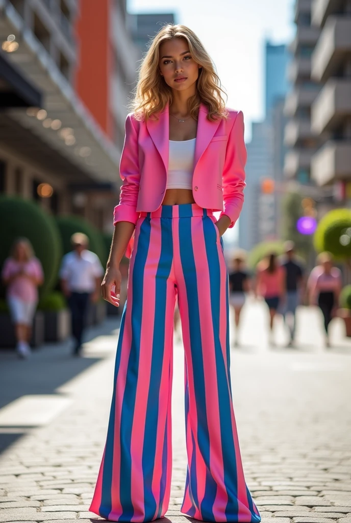 1girl,solo,full body,((hand on own chest)),medium breasts,cleavage,(closed mouth:1.1),smile,<lora:Striped_Office_Dress_By_Stable_Yogi:1>,STRIPED JACKET,PANTS,HIGH HEELS,