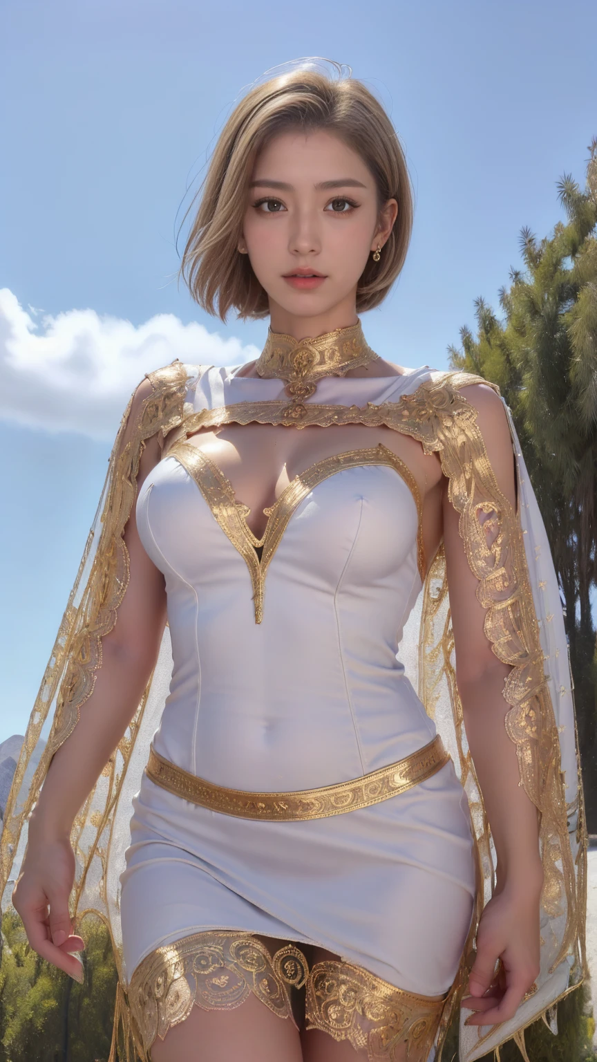 Masterpiece, (((full figure))) entire body in frame, (((magical lighting video game))) (((beautiful seductive smile sexy anorexic white goddess woman standing on stone floor ))), ((( white link as a girl intricate fantasy future dress))) , (((short blonde hair))) sunset lighting, golden hour, golden colors, very detailed, dramatic lighting, digital art trending on Artstation 8k HD high definition detailed realistic, detailed, skin texture, hyper detailed, realistic skin texture, armature, best quality, ultra high res, (photorealistic:1.4), high resolution, detailed, raw photo, sharp re, by lee jeffries nikon d850 film stock photograph 4 kodak portra 400 camera f1.6 lens rich colors hyper realistic lifelike texture dramatic lighting unrealengine trending on artstation cinestill 800, (((accurate female anatomy)))