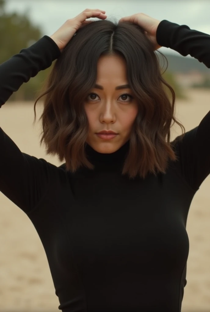 karfuku, mission impossible, smiling, with mid wavy hair cascading over her face. She is dressed in akim possible outfit, kim possible. Secret agent, black clothes. full body, cowboy shot on a Sony Alpha 1 dslr 8k camera. there is a slight bokeh effect and film grain. she is looking at the viewer. Arms up