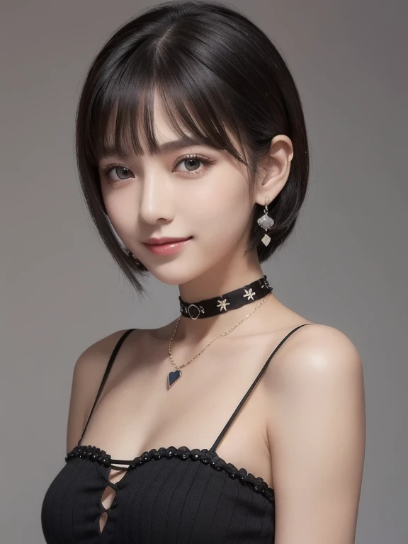 ((Long diamond earrings:1.2)), ((NECK CHOKER)), ((GOTHIC BLACK EYELASHES & LIPS)), ((BLACK LIPS)), ((shorthaircut:1.3)), adorable, 1 girl, (face to face), 10 years old, baby face, happy, half body portrait, (face details: 1), (eye details: 1), ((tiny breasts)). ((croptank "IRON MAIDEN" logo)), ((net stockings)), lingerie