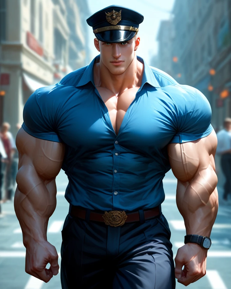 (best quality:1.5, hyperrealistic:1.5, photorealistic:1.4, madly detailed CG unity 8k wallpaper:1.5, masterpiece:1.3, enthusiastically detailed photo:1.2), (hyper-realistic lifelike texture:1.4), highly detailed, ((masterpiece, best quality)) ,extremely detailed 8K wallpaper, 1 korean male, (korean man with k-pop idol look), 20yo, handsome, detailed face, hyper muscle, stubble, wear policeman pants in brown, prominent bulge, photo real, illuminating light, big, brutalmass, giant muscular bodybuilder, bulk, massive body, large size, smile, military tent field, outdoor