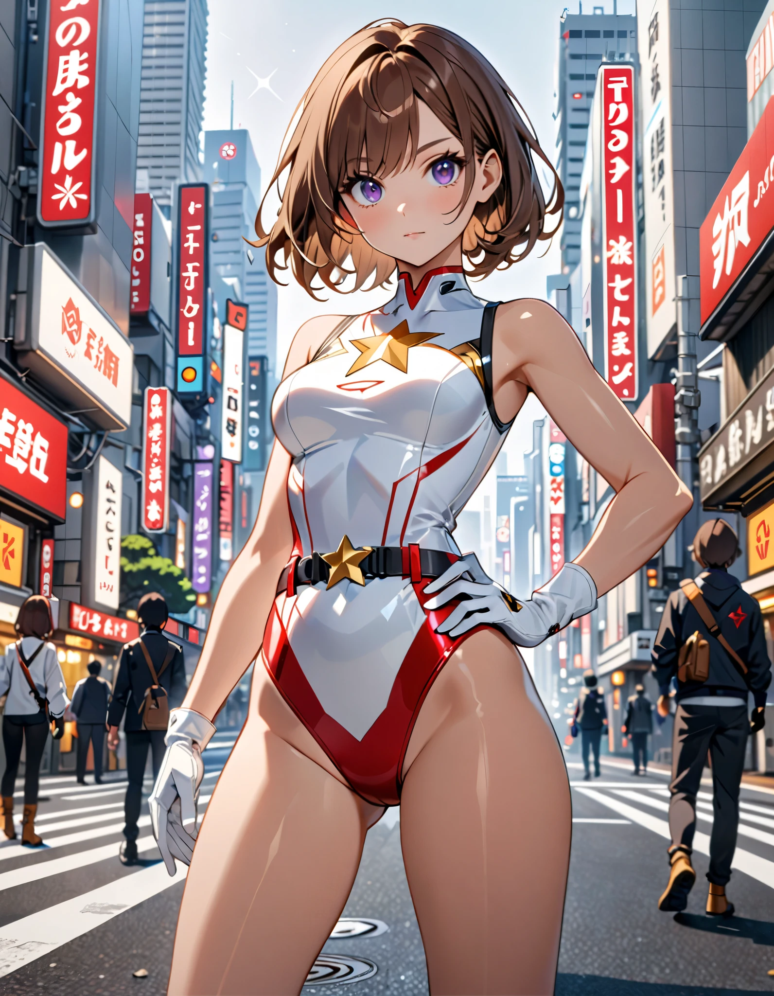 1girl, medium breasts, ((leotard, white and red leotard, sleeveless, bare legs)), ((tight belt, gold belt)), ((boots, matching boots, ankle boots, white boots)), ((gloves, white gloves)), city backdrop, tokyo city backdrop, solo, single, hands on hip, standing, ((full body shot)), cowboy shot, superhero, beautiful detailed eyes, mature lady, (gold star symbol on chest), (brown hair, short hair, bob hair, purple eyes), (perfect ???????), masterpiece