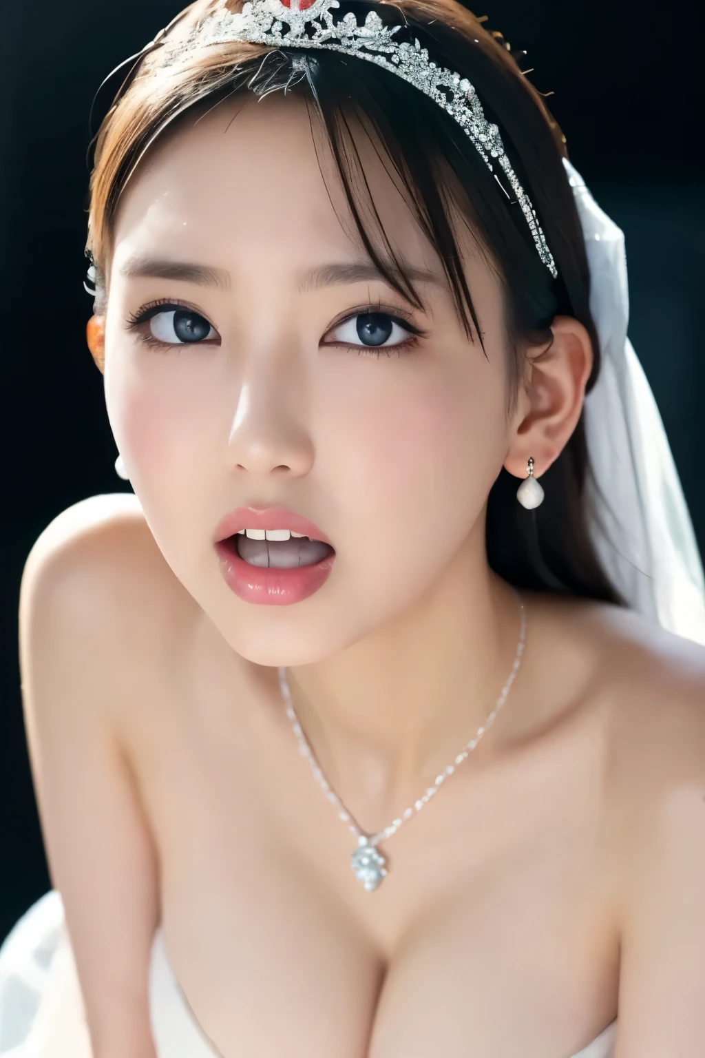 (black background), face focus , Open Your Mouth Wide , I have a large amount of condensed milk in my mouth,Condensed milk dripping from mouth 、Off the street , seductive woman,On the floor 、 close your eyes , off-the-shoulder wedding dress ,Adult female, small breasts cleavage 、 very small breasts、 Anatomically Accurate , high resolution model , Sweaty face、Gorgeous tiara、 necklace 、 earrings for a woman alone、 black hair