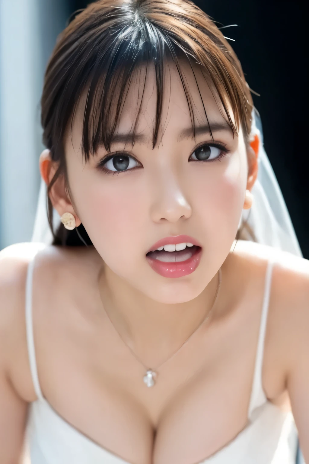 (black background), face focus , Open Your Mouth Wide , I have a large amount of condensed milk in my mouth,Condensed milk dripping from mouth 、Off the street , seductive woman,On the floor 、 close your eyes , off-the-shoulder wedding dress ,Adult female, small breasts cleavage 、 very small breasts、 Anatomically Accurate , high resolution model , Sweaty face、Gorgeous tiara、 necklace 、 earrings for a woman alone、 black hair