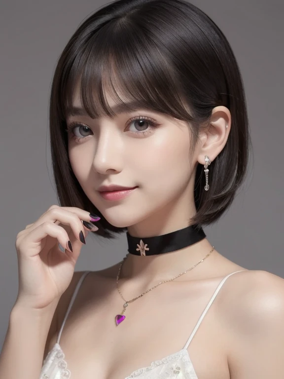 A mysterious gothic lolita girl with white skin, short layered dark brown hair with bangs, brown eyes, and a soft aura. Dressed in a dark red and black gothic lolita dress with a flowing skirt, lace details, and a seductive smile. She has long, sharp fangs and wears a velvet choker with a ruby pendant. (Highest quality, Ultra-high resolution, 8k, RAW Photos, Ultra-high resolution: 1.2, masterpiece: 1.3), (Realistic, Realistic: 1.37), Very detailed, Professional Lighting, Photon Mapping, Radio City, 物理ベースレンダring, One Girl, high school girl, Sharp focus:1.2、Beautiful woman:1.4, cute, Nice, Adorable smile, Normal chest, Cross Necklace, Earrings, ring, (Cleavage), (Dark brown short hair), (A cute toothy smile)