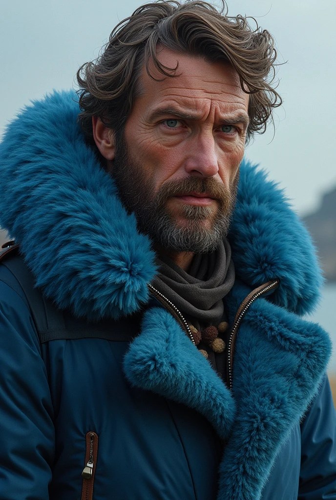 masterpiece, best quality, extremely detailed, hyperrealistic, photorealistic, a cool 40s man, hat, sunglasses, green fur-trimmed coat, white shirt, meduim hair, frozen sea, glacier