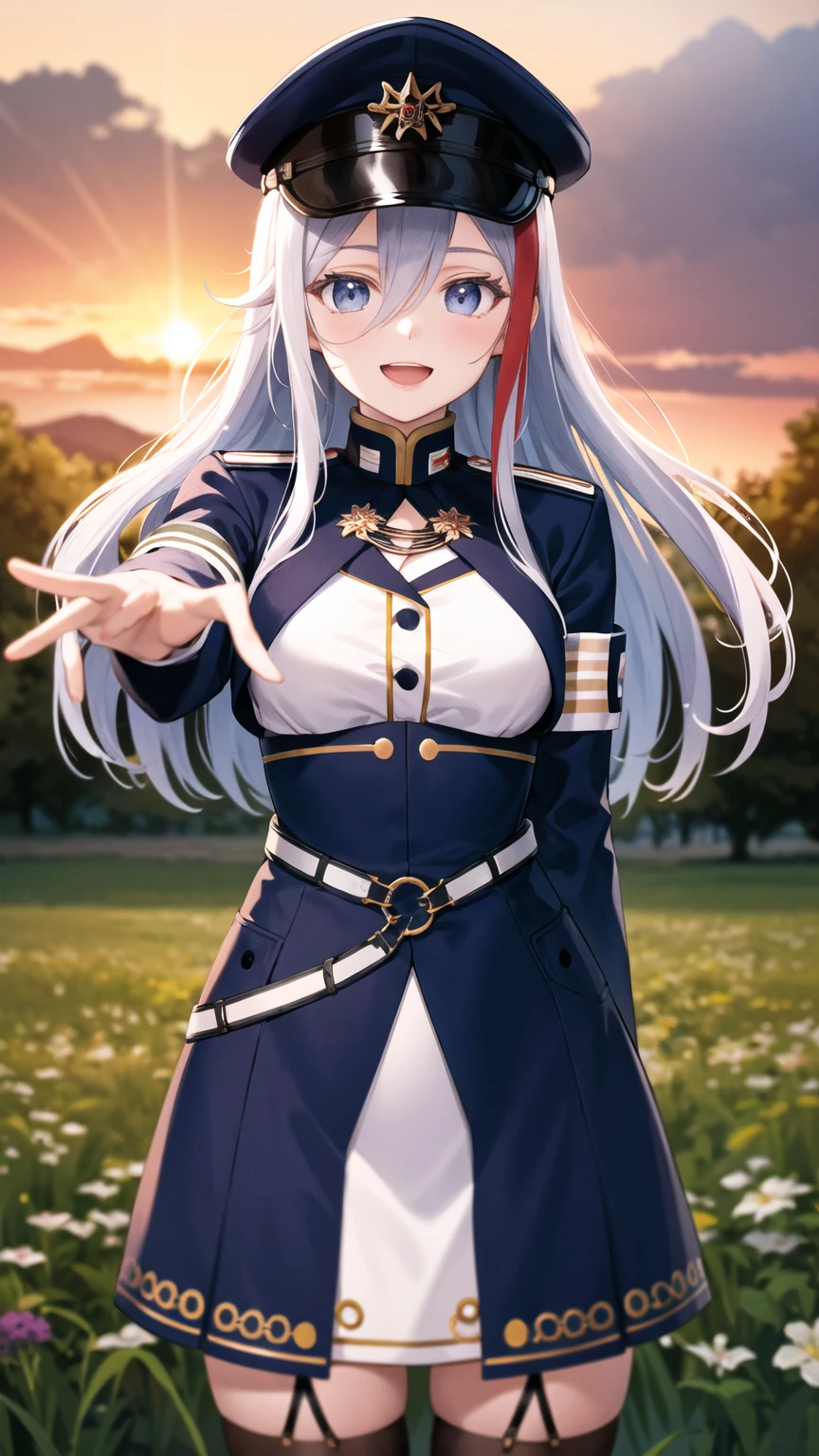 masterpiece, best quality, highres, aalena, long hair, streaked hair, military hat, blue headwear, hair between eyes, medium breasts, military uniform, white shirt, blue jacket, armband, long sleeves, white belt, blue skirt, garter straps, white thighhighs, standing, cowboy shot, field, sunset, smile, open mouth, reaching out,