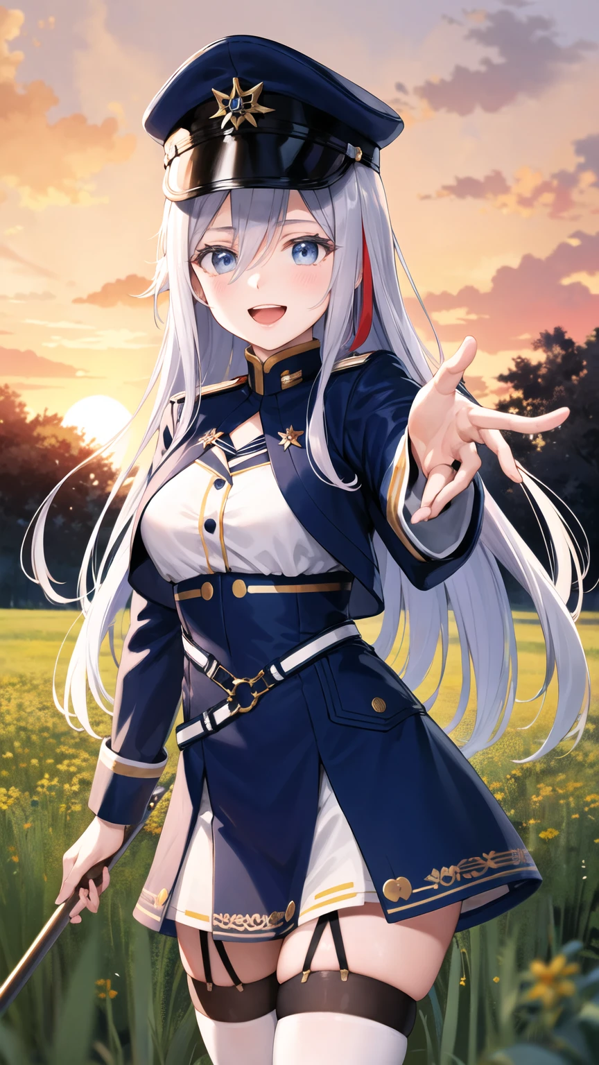 masterpiece, best quality, highres, aalena, long hair, streaked hair, military hat, blue headwear, hair between eyes, medium breasts, military uniform, white shirt, blue jacket, armband, long sleeves, white belt, blue skirt, garter straps, white thighhighs, standing, cowboy shot, field, sunset, smile, open mouth, reaching out,