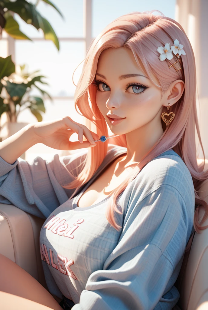 half body angle, chiaroscuro lighting, female prostitute, exposed belly, sexy underwear, long hair, smiling lustfully, bright pink hair, peach and pink colors, lying in bed, pure peach skin, makeup, Belle Delphine, young seductive girl, fashion model, actress, tender body, (big breasts), 18 years old, fine and detailed detailing, detailed hands, detailed pupils and cornea of the eyes, detailed face, detailed hair, detailed lips, long eyelashes, piercings, realistic style, (8k, RAW photo, best quality, masterpiece: 1.2), (realistic: 1.photorealistic: 1.photorealistic: 1.3), detailed facial features, ultra-detailed, masterpiece, realistic lighting, best quality, masterpiece, extremely detailed CG unity 8k wallpaper, on artstation, light blurred background, (real photo),solo, one young girl,
