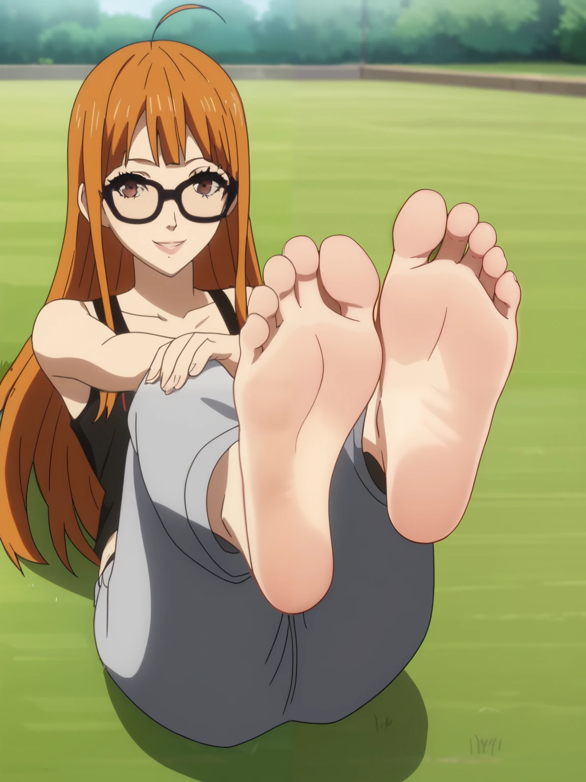 score_9, score_8_up,source_anime,
1girl, Futaba Sakura, alone, looking at viewer, cowboy shot, anime screencap, anime coloring，barefoot，Perfect feet，Anatomically correct，soles，Focal length 35mm, Five toes，front，Symmetrical Soles，Foot Focus, in a garden, lying on the grass with her back against the ground, lifting legs to show her soles, smile, black camisole, baggy gray large pants, glasses