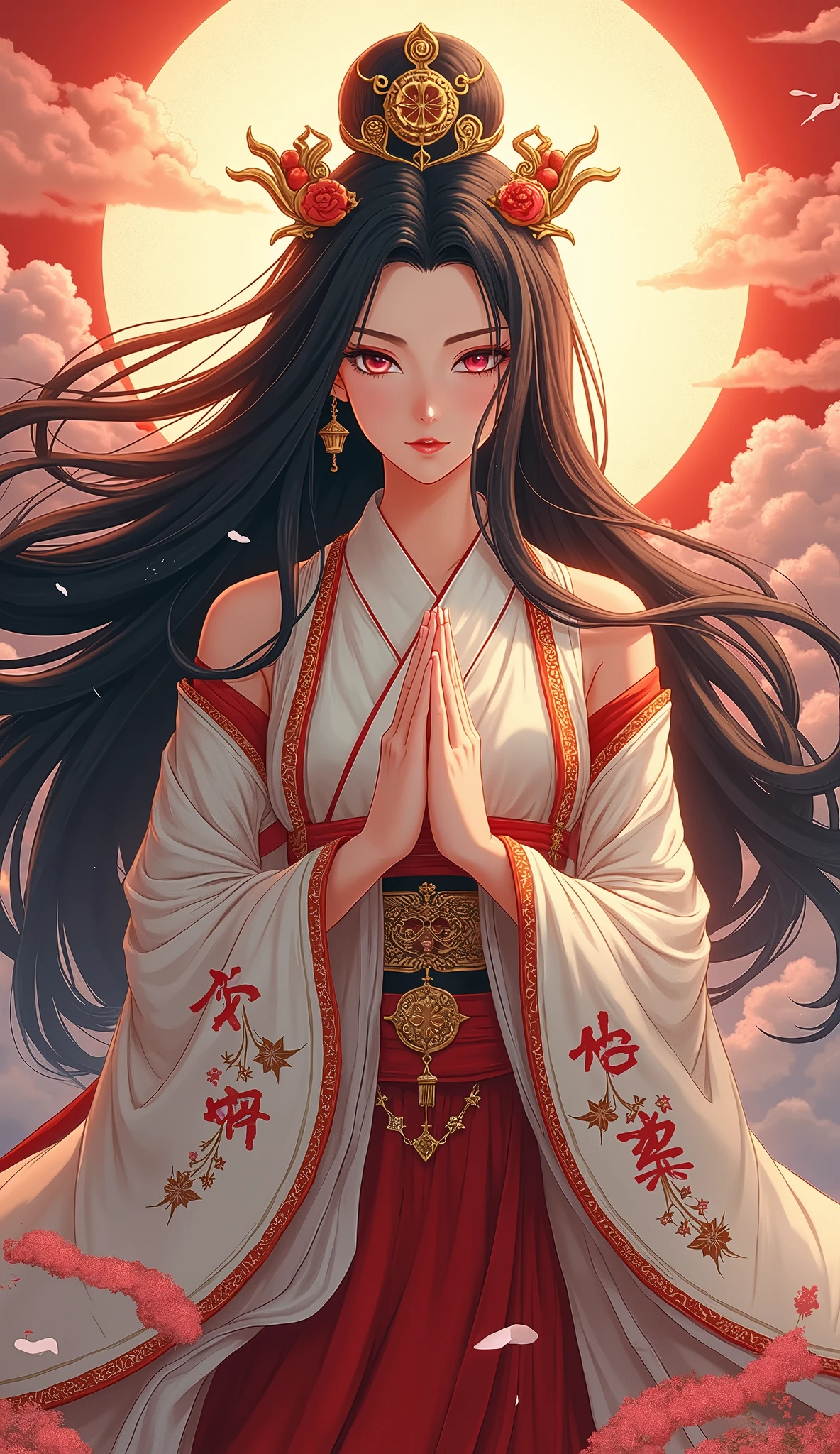  beautiful goddess Amaterasu, whole body, Japan's highest goddess ,  A gentle face,  beautiful dark hair, Takamagahara prayer,  high image quality, masterpiece,  anime style, 