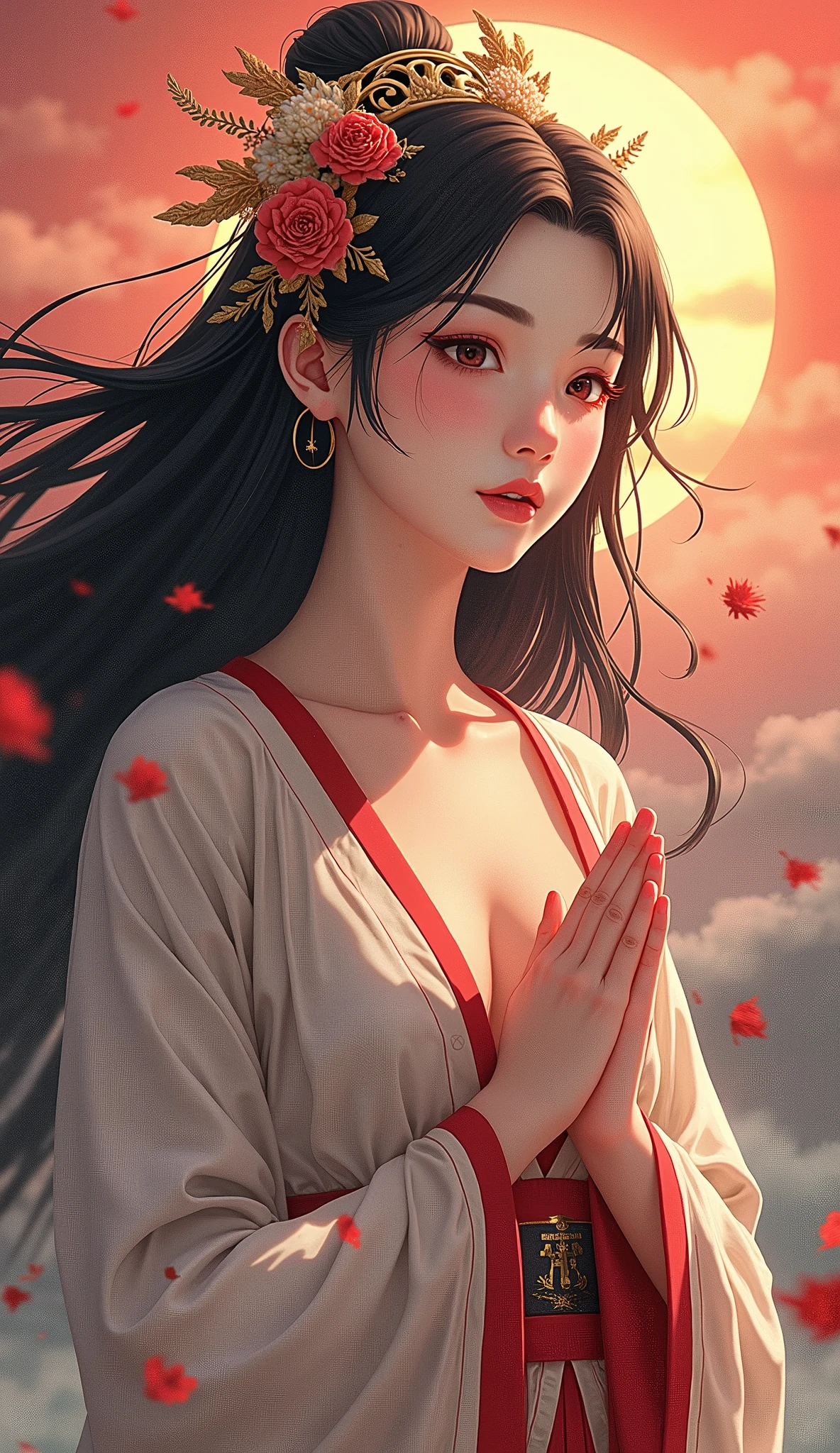  beautiful goddess Amaterasu, whole body, Japan's highest goddess ,  A gentle face,  beautiful dark hair, Takamagahara prayer,  high image quality, masterpiece,  anime style, 