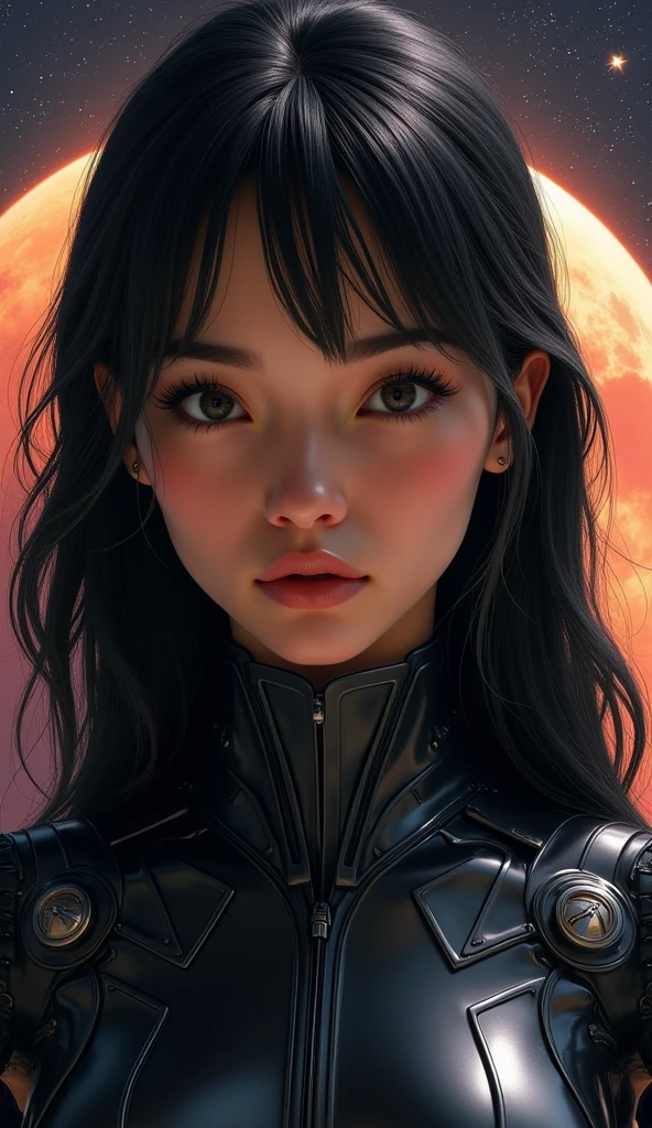 beautiful woman.She has brown skin color.A beautiful woman. Detailed drawing of the face.She has long black hair.Twenty years old. Her bangs are down. A face with a kind atmosphere. She is looking at the camera with a serious expression. She wears a black metallic battle uniform. Space behind her. And the image of Mars floating there.