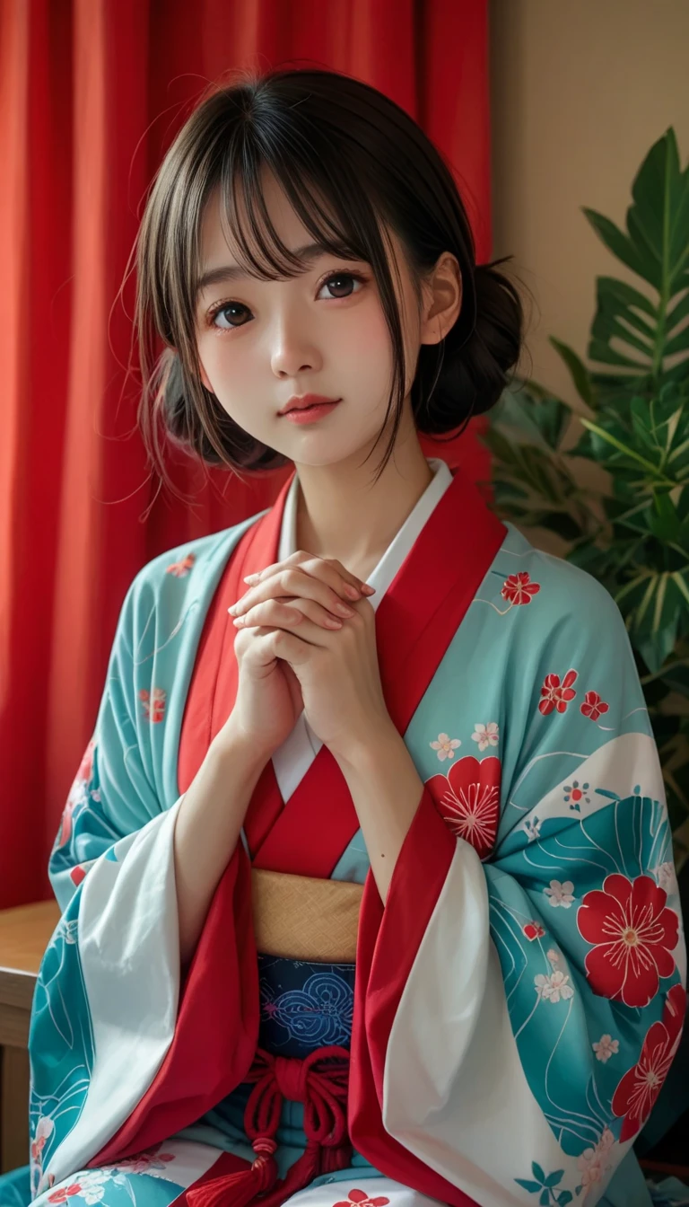  wear a gorgeous kimono、(( Japanese New Year))、((( face the front、Put your hands together、Sit upright))))、 cute girl、((There is Kadomatsu )),