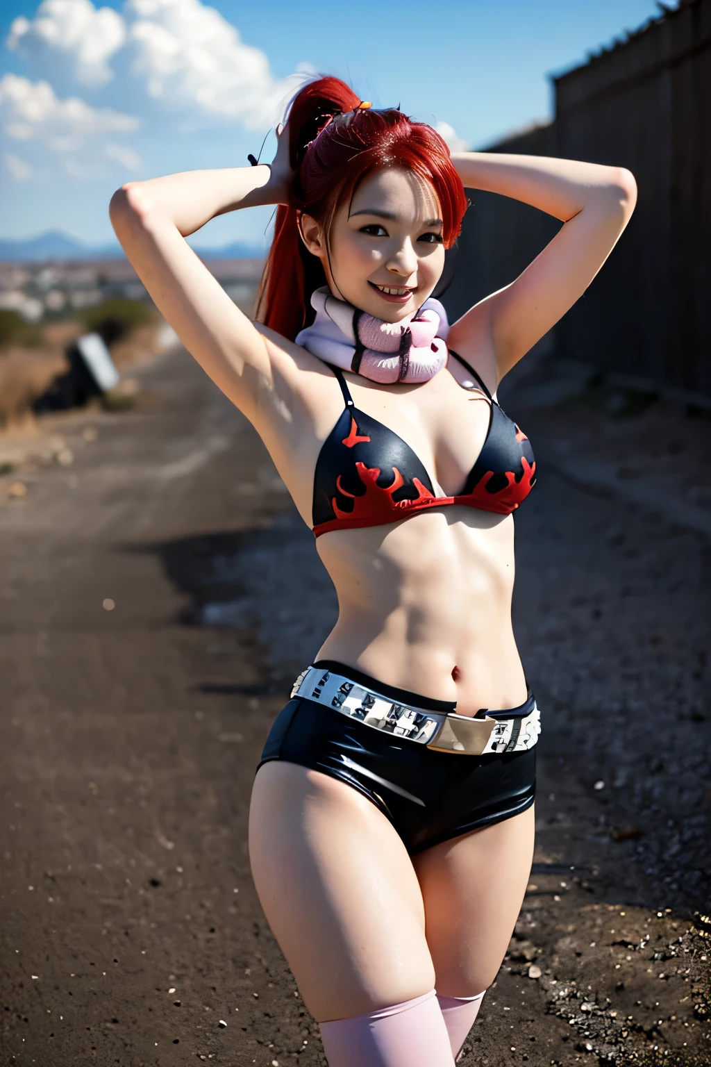 Whole body expression、Traditional Japanese monsters、Red demon girl、Because he is a red demon, his skin is red.、Has red body painting all over his body、One girl、Has horns on its head、cute、Wearing a tiger print bra、Wearing shorts、