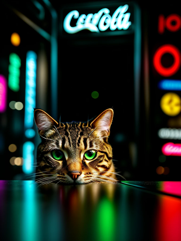 A close-up picture of a cat with Coca-Cola and pizza in the futuristic cyberpunk neon tron world, cyberpunk city landscape, detailed intricate architecture, glowing neon lights, studio lighting, moody atmosphere, cinematic composition, vivid colors, 8k, photorealistic, masterpiece, hyper detailed, intricate details