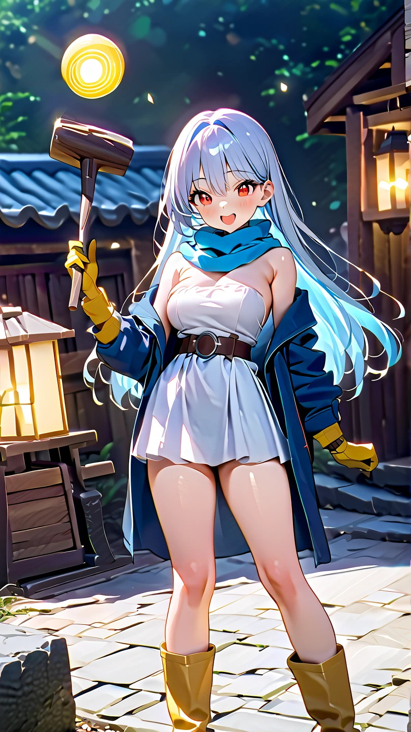 (                   girl),(  top quality , 8k, masterpiece:1.3),(                             beautiful eyes , )(                              medium breasts   ),( Amazing vibe                               ),                                   Ultra-Fine       , Sparkle Effect,            whole body,   standing,

smile, 
                   open your mouth slightly                  ,       
 clevis on a stone,

,
    White Strapless Dress  ,  miniskirt,Brown belt,  Yellow Long Gloves  ,Yellow Boots,

     Light Blue Long Hair ,     red eyes,   Thick Circles of Gold Red Gems,Blue Coat ,    BLUE SCARF ,Wooden Long Magic Wand 