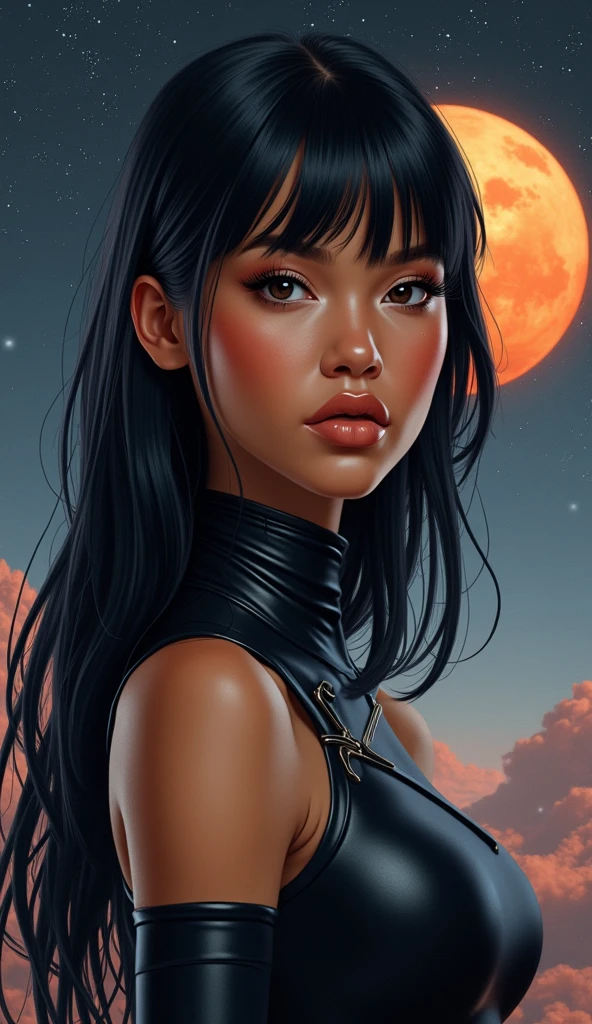 beautiful woman.She has brown skin color.A beautiful woman. Detailed drawing of the face.She has long black hair.Twenty years old. Her bangs are down. A face with a kind atmosphere. She is looking at the camera with a serious expression. She wears a black metallic battle uniform. Space behind her. And the image of Mars floating there.