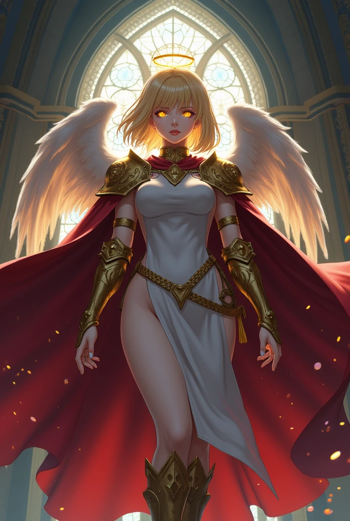 low angle, from below, paladin templar lady muscular in white tabard, legwear, glowing yellow eyes, collar, golden chainmail, wide hips, barefoot, angel wings, pauldrons, halo, bob cut, blonde, eye focus, red cape, temple indoors, decorations, stained glass windows, night, particles, chromatic aberration, detailed, cinematic, dark scene, fantasy