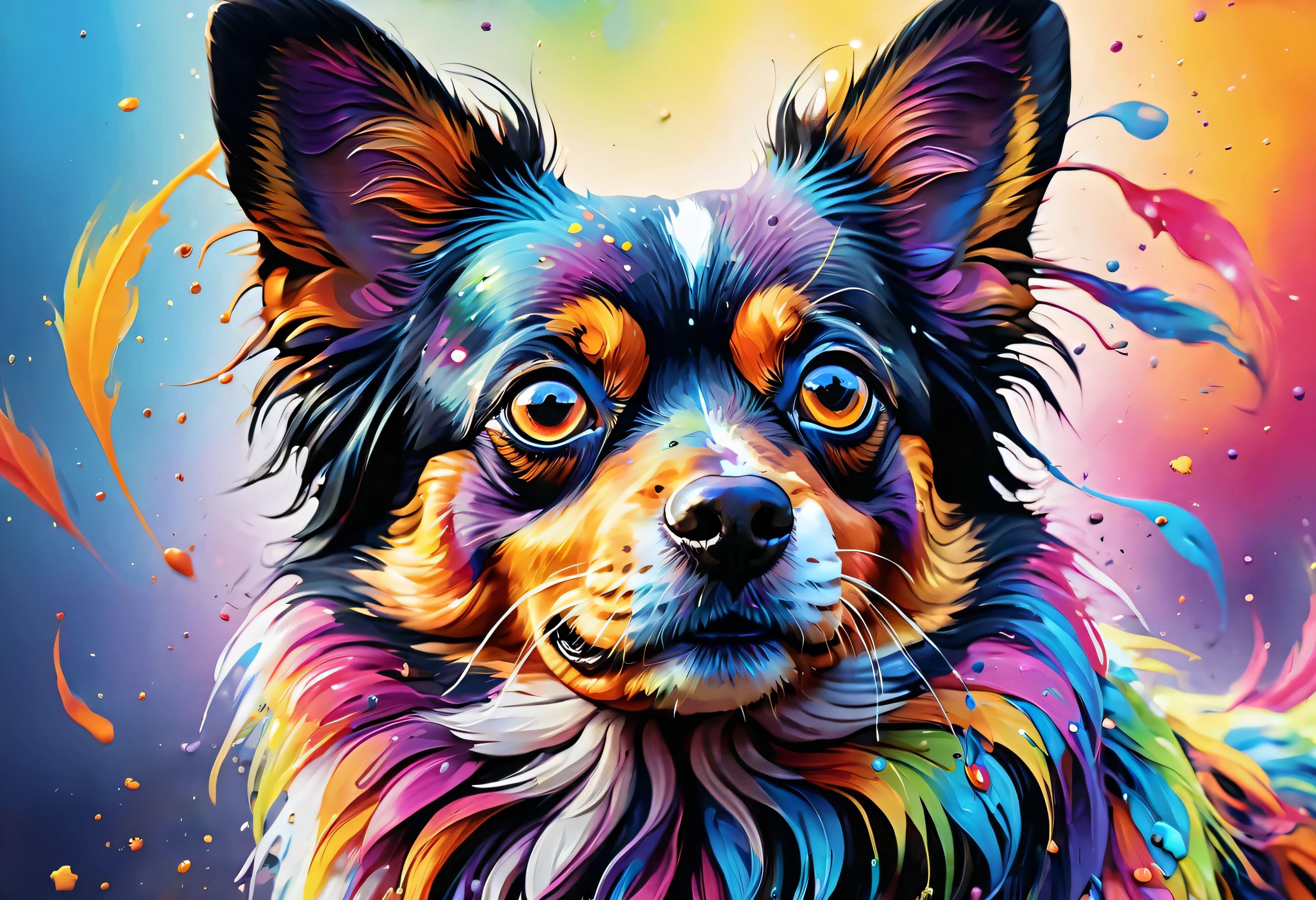 犬の絵 with a colorful face and eyes, BEAUTIFUL 4K ART , Detailed painting 4k,  a painting by Alessandro Pautasso, Rendered in high resolution, Vadim Kashin.  super real , in a Papillon Picture ,  Gautama Buddha  Wearing a Papillon Picture {x},  Colourful and Detailed,  detailed 4k painting , Papillon Picture 