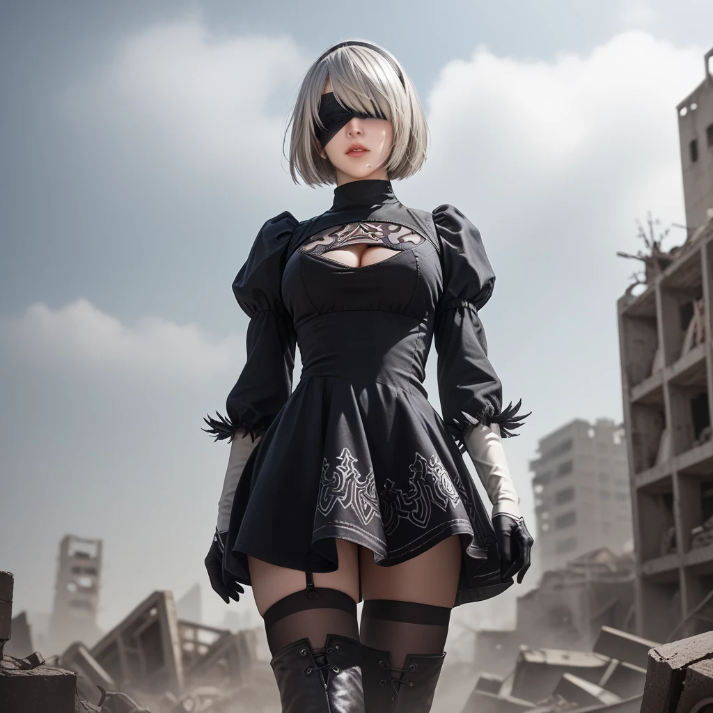 score_9, score_8_up, score_7_up, 32k,masterpiece, highest quality, 
photo realistic, super detail, vibrant colors, chiaroscuro lighting, cinematic lighting,
1 woman, inspired nier automata 2B,
bob cut, gray hair, bangs, mole under mouth, blindfold,
2B dress, cleavage cutout, skirt, thighhighs under boots,
ruins, a ruined world, devastated cities, remnants of mechanical life forms, dark cloudy sky,
seductive pose, cinematic angle,