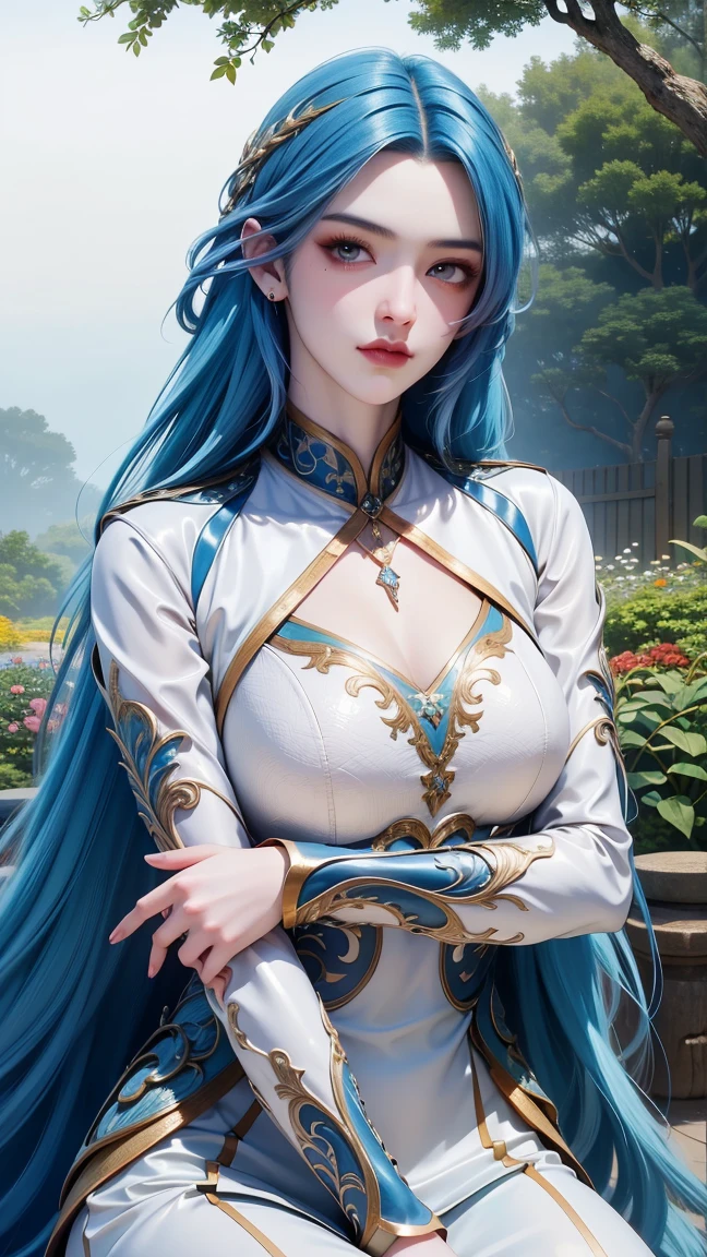 (masterpiece),(best quality:1.5),8k,absurdres,highres, Glowing skin:1.3, shiny skin, oil skin, 
Wang dong,
1girl,solo,jewelry,(long hair:1.3),(blue hair:1.5),alpha transparency,see-through,dress, white dress,simple background,realistic,expressionless,closed mouth, (upper body:1.3), outdoor, garden, fingers_to_mouth,(looking at viwer:1.7), garden, closed mouth,sitting, (Long sleeve),