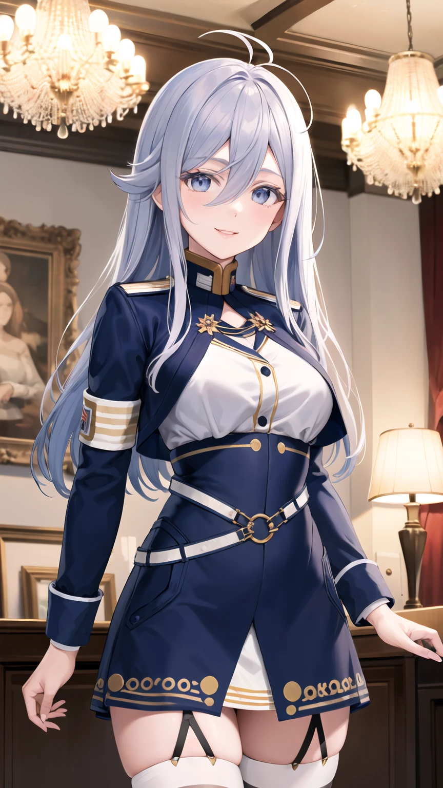 masterpiece, best quality, highres, aalena, long hair, antenna hair, hair between eyes, medium breasts, military uniform, white shirt, blue jacket, armband, long sleeves, white belt, blue skirt, garter straps, white thighhighs, standing, cowboy shot, indoors, smile, chandelier,