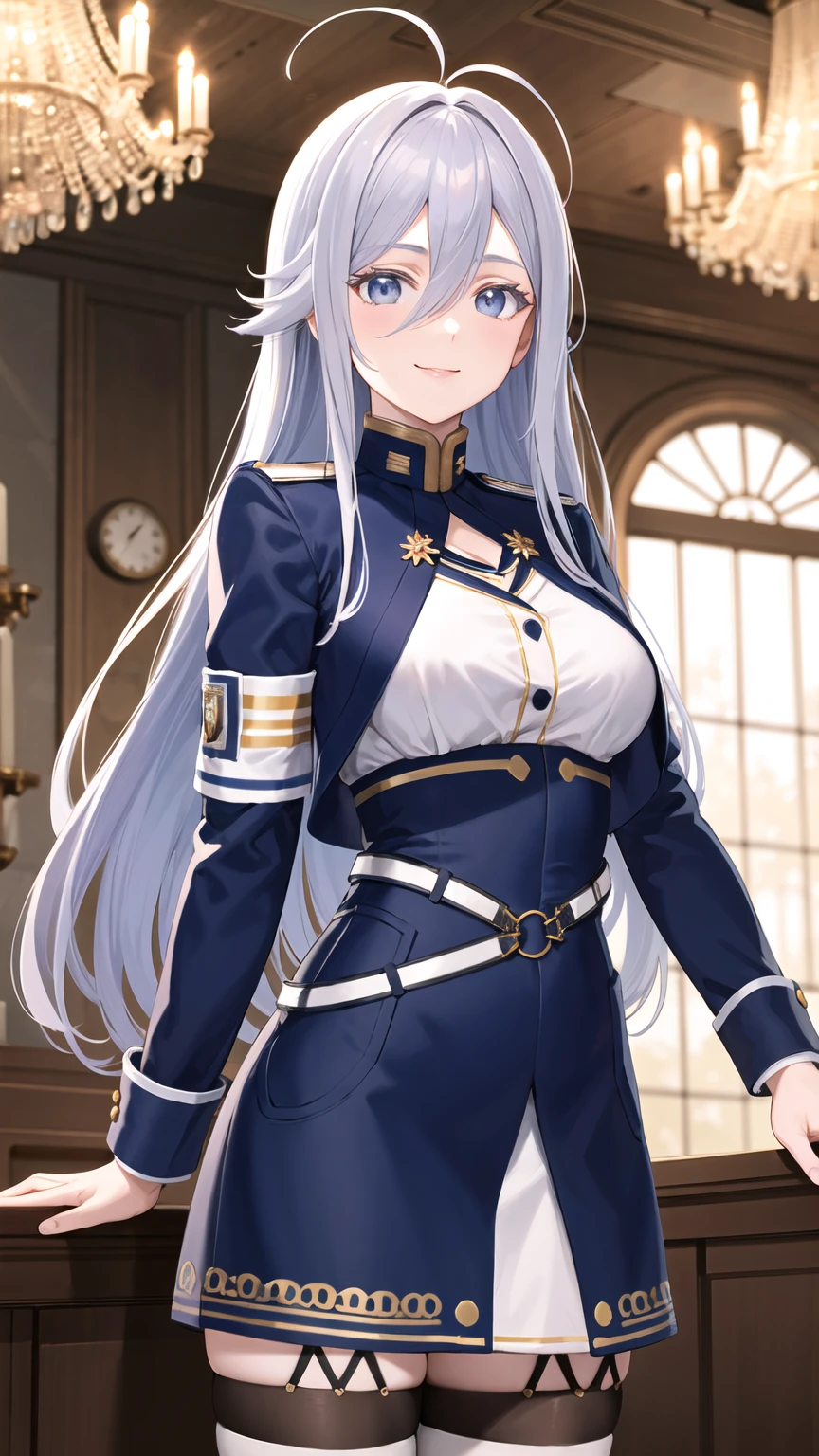 masterpiece, best quality, highres, aalena, long hair, antenna hair, hair between eyes, medium breasts, military uniform, white shirt, blue jacket, armband, long sleeves, white belt, blue skirt, garter straps, white thighhighs, standing, cowboy shot, indoors, smile, chandelier,