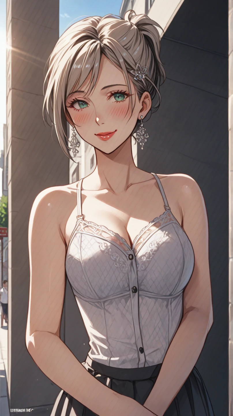 score_9,score_8_up,score_7_up，married woman，Smile， Blush，earrings， Black Short Hair ， Short Haired Ponytail ，Lipstick，Sunlight，summer，  Girl on the Street  ， beautiful woman ，Standing  Girl on the Street  ，Ahead，[lure， Black Button  ， Gray 100 Page Skirt  ， White vest ，  Leaves Your Shoulders Exposed ，  plump breasts  ，Mature and sexy， hairpin ，Cover Design，  Magazine Cover  ，Cover Girl， Perspective Bra  ，（（ Light Green Lace Bra ））