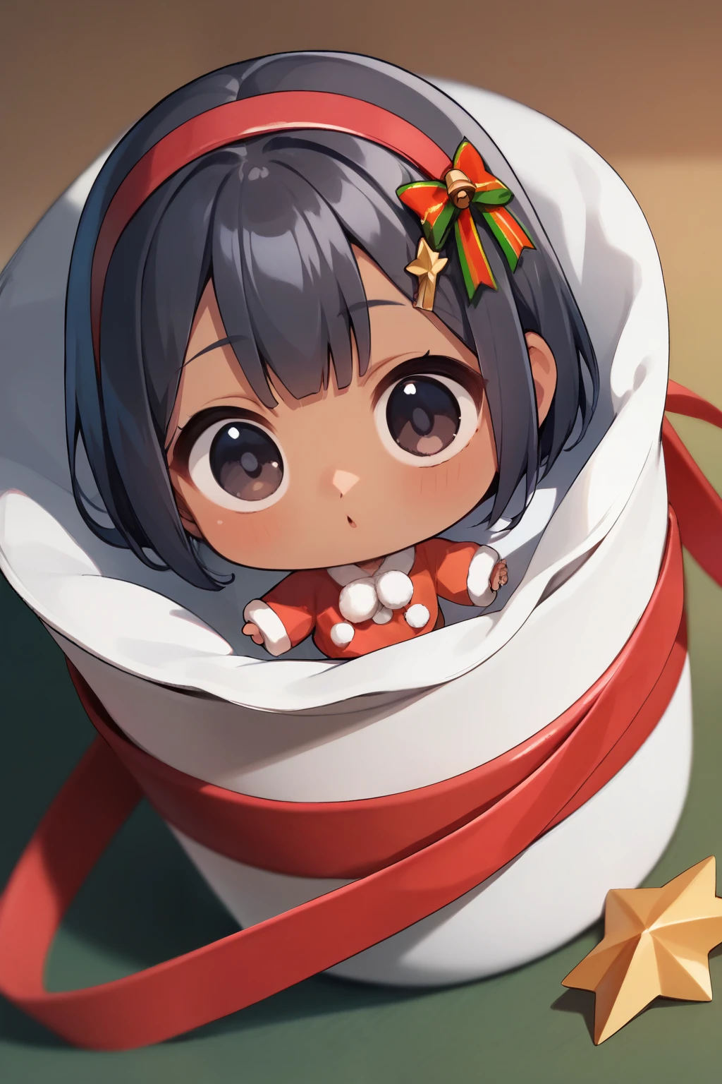 score_9, score_8_  up, score_7_  up, score_6, score_5_  up, score_4_  upanime break，  very young girl ，  cute, Chibi，Tiny,  Christmas costume ,  christmas gift， bob cut,  red ribbon  , Dark Eyes， Magic Rim ，