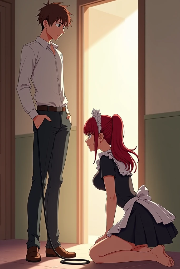 /draw 1boy, 1girl,(clothed male), leotard, strapless,sleeveless, (large ass),thick thighs, blush,breasts,french kiss,((ass focus)),girl focus hetero, hug, kiss, large breasts, penis, nishikino maki, purple eyes, red hair, standing, tongue, tongue out, (full body),(ass grab), indoors, llchar