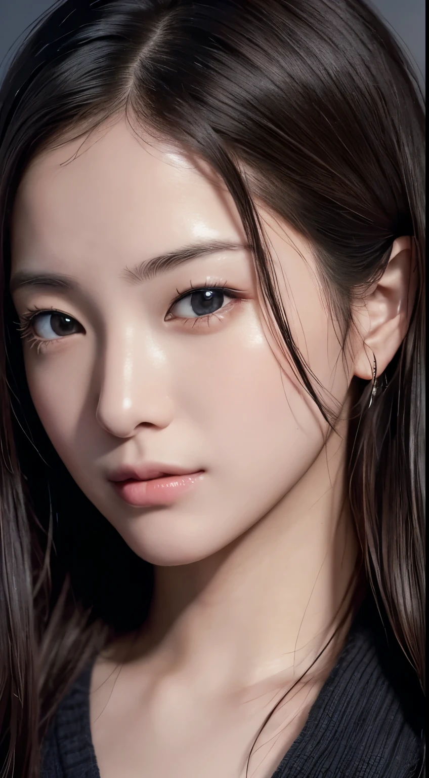 masterpiece, 1 beautiful girl, detailed, Swollen eyes, highest quality, 超A high resolution, (reality: 1.4), original photo, 1 girl, movie lighting, (laughter:0.6), Japanese, Asian Beauty , Korean, Proper, very very beautiful, a young face, beautiful skin,orange hair、 Slender and big, black sweater、cyberpunk background, ( more realistic than kof), (enlightenment), (High resolution), (8k), (very Detailed), (The best enlightenmentns), ( beautifully detailed eyes), ( super detailed), (wallpaper), (Detailed face), looking at the viewer, Detailed, detailed face、deep shadow、Inconspicuous、Pure erotic face ace_v1、46 point diagonal bangs、look straight ahead、neat clothes、black eyes、