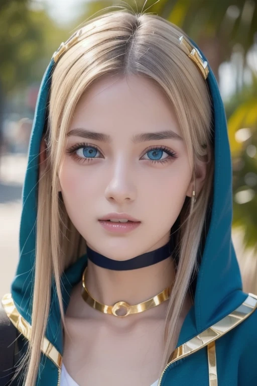 (masterpiece,  top quality ),   complicated details,,  One girl ,     mouth,  multi-colored hair ,  blue eyes, Shark hair accessory,  Gold Hair Ornament , gold choker,  gold jewelry ,  Sharp teeth, Green, blue hoodie,,  Greek clothing, Peplos,