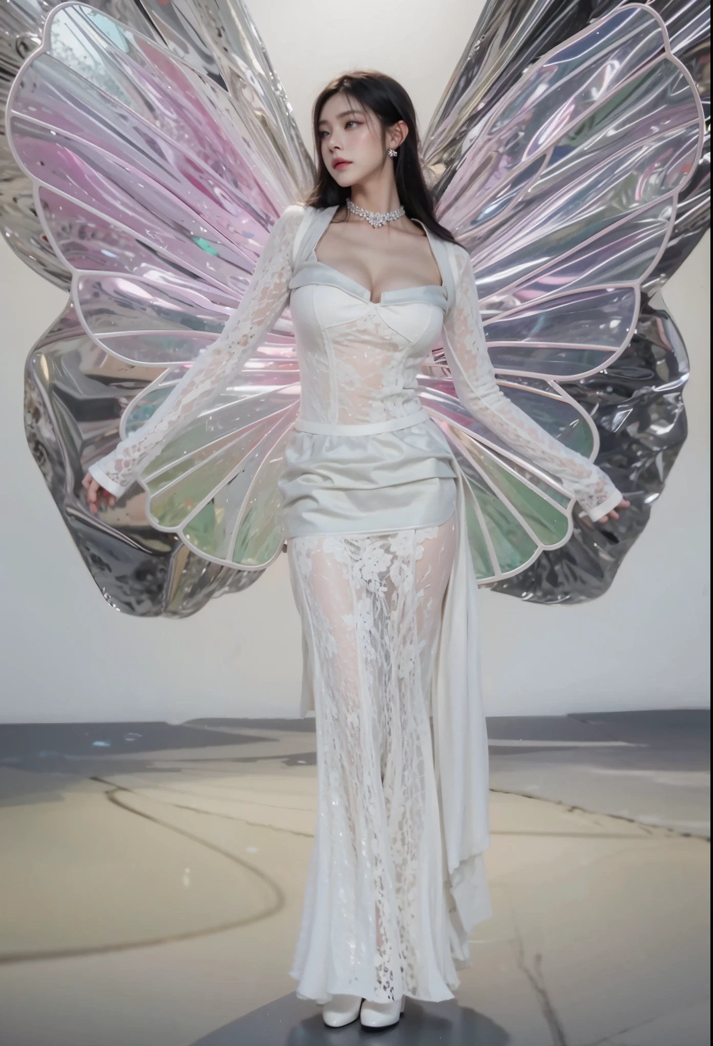 ((top-quality、masterpiece:1.3)), fullllbody, long legged, foco nítido:1.2, Cute woman with perfect body shape smiling face:1.4, Slender Abs:1.1, ((dark brown hair、hugetits:1.2)), (Sexy dress skating from chest to navel、Veil of white latex、White latex long gloves、White Thigh Boots, White butterfly wings、is standing:1.2), ((chapel:1.3)), Highly detailed facial and skin texture, A detailed eye, 二重まぶた、hugetits、You can see up to your feet
