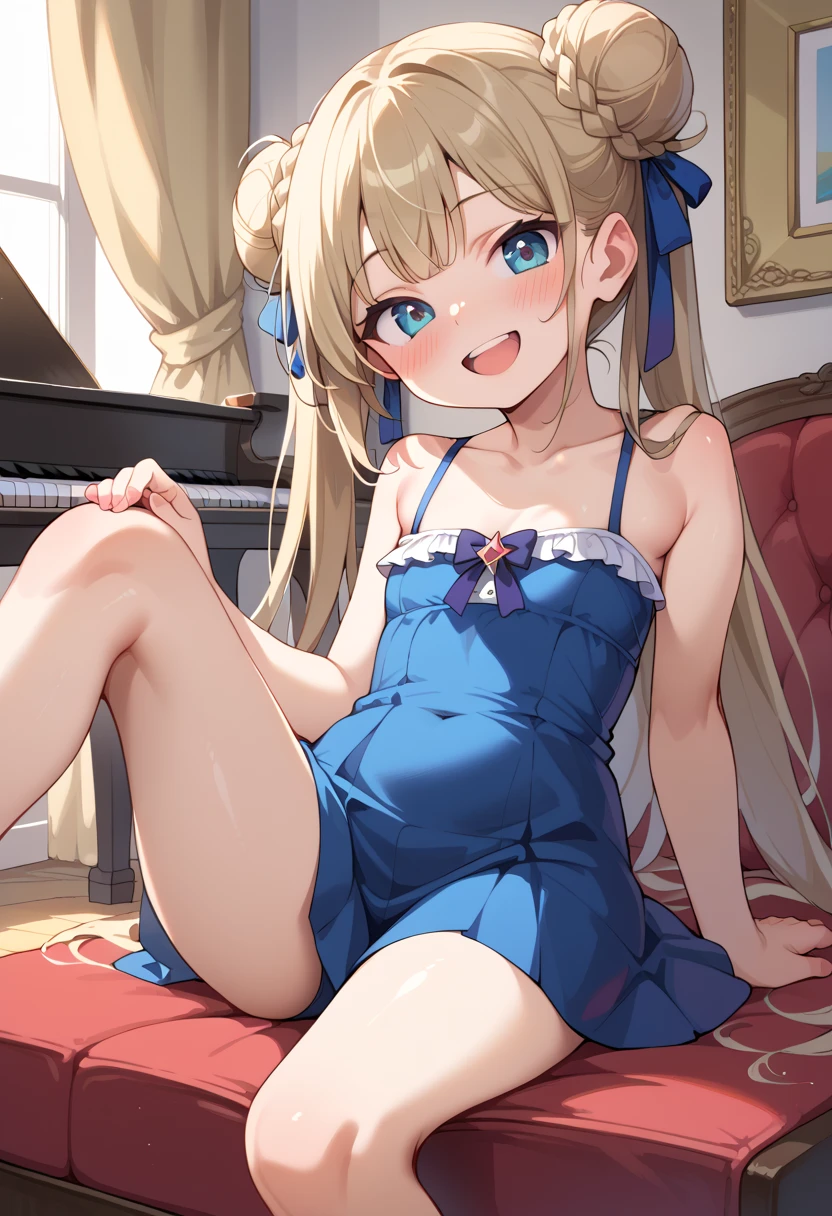 (( top quality )), ((masterpiece)), (be familiar with),  perfect face, indoor, bedroom, Watching viewers,
One woman, I was,
 open mouth,  ecstatic expression beside the piano, blush, smile,
 small tits,  flat chest, Young girl, Lori,  s,  girl,
 long hair,  twin bun hair ,
Leg spread,