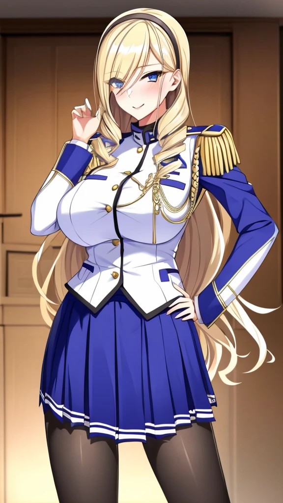 (masterpiece, best quality:1.2), cowboy shot, solo, 1girl, aintree, Blonde hair, (slight smile:0.9), looking at viewer, hand on hip, hairband, uniform, epaulettes, pleated skirt, pantyhose