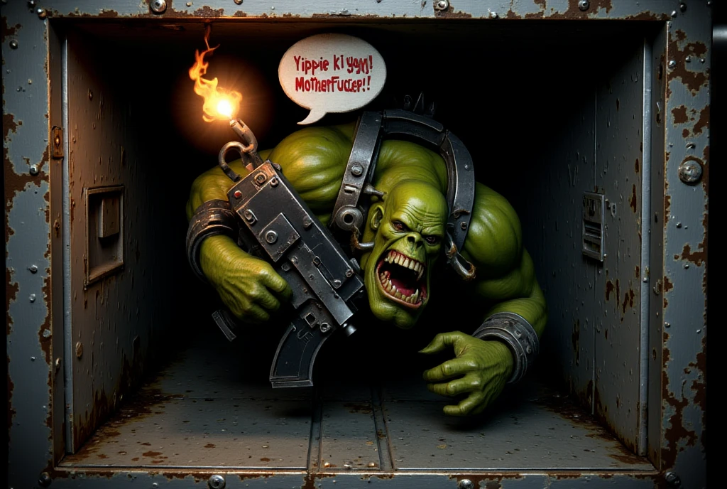 A grimy green skinned Ork, crawls on his stomach through a rectangular metal ventilation shaft. The viewpoint is entirely within the reflective shaft, which extends to the edges of the image. His body cramped , he holds a flickering lighter inside the cramped space. The flame from the lighter casts an eerie glow, illuminating the metal tunnel he crawls through . The other hand holds a bltgun bolter weapon. The Games Workshop-approved Warhammer 40k-inspired image captures the Ork's snarling determination from A grimy green skinned Ork, crawls on his stomach through a rectangular metal ventilation shaft. The viewpoint is entirely within the shaft. His body cramped , he holds a flickering lighter inside the cramped space. The flame from the lighter casts an eerie glow, illuminating the metal tunnel he crawls theough. The other hand holds a large mechanical handgun. Aiming pistol. The Games Workshop-approved Warhammer 40k-inspired image captures the Ork's snarling determination from straight-on. Speech bubble with text: "Yippie-ki-yay Motherfucker!", aidmatextimprover