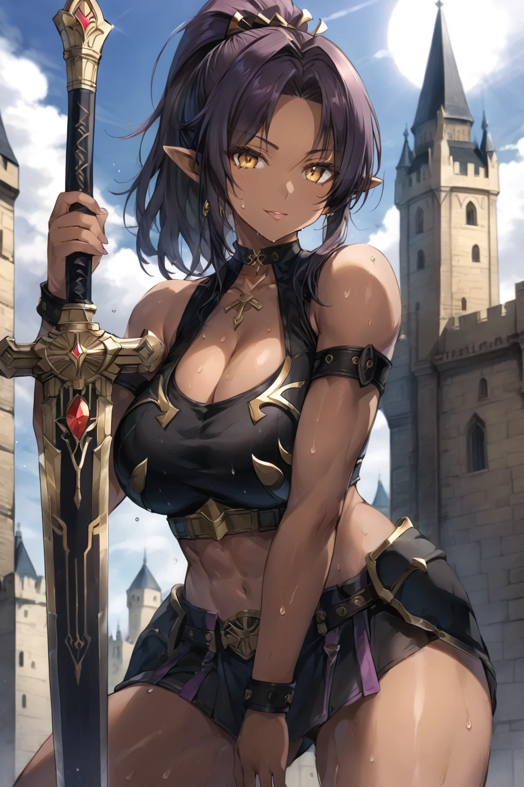 source_anime, best quality, masterpiece, (dark skin woman:1), solo,, dark purple hair, bare shoulders, sleeveless, cleavage, bare arms, looking at viewer, (black bikini armor), cleavage cutout, (dark skin:1.3), castle, (muscular thick legs:1), (very thick thighs), choker, pointy ears, middle hair, amber eyes, (sweat:1.3), clear face, (cowboy shot:1.3), low ponytail, leg belt, planted-short sword, holding_sword, squatting, open legs,