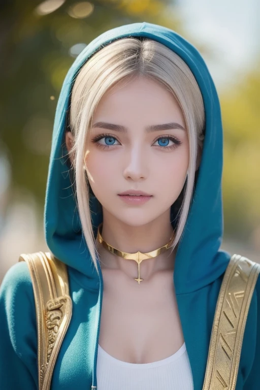 (masterpiece,  top quality ),   complicated details,,  One girl ,     mouth,  multi-colored hair ,  blue eyes, Shark hair accessory,  Gold Hair Ornament , gold choker,  gold jewelry ,  Sharp teeth, Green, blue hoodie,,  Greek clothing, Peplos,