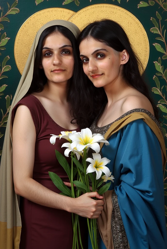 Oil painting by Raffaello Santi,A beautiful portrait (sks people),Pure Virgin Mary, slim, 2, Jewish, Looking at the camera, Shy expression, Reddish brown tunic, Blue-grey cloak, Beige veil, With white lilies, garden, Complex, elegant, Very detailed, DIGITAL PAINTING, Art Station, Concept Art, , Sharp focus, Illustration, Krentz Casciat、Artem Demra、Art by Alphonse Mucha, ((Golden aura))