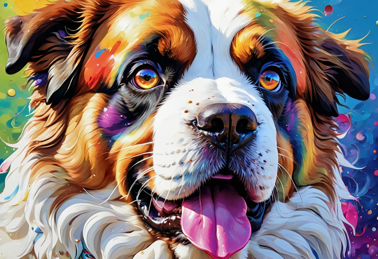 犬の絵 with a colorful face and eyes, BEAUTIFUL 4K ART , Detailed painting 4k,  a painting by Alessandro Pautasso, Rendered in high resolution, Vadim Kashin.  super real , in a Saint Bernard painting ,  Gautama Buddha  Wearing a Papillon Picture {x},  Colourful and Detailed,  detailed 4k painting , Saint Bernard painting 