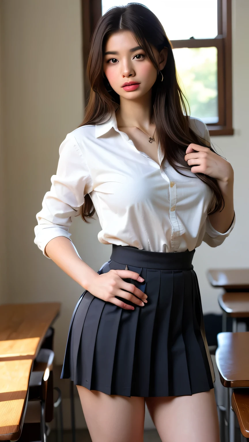 Japanese high school girl, (Standing in classroom), ((Red school uniform, black pleated skirt, white shirt)), 18 years old, (Long hair black hair, ), Black eyes, Black hair, Long hair with red ribbon, Long hair black hair with red ribbon, Woman wearing necklace and earrings in night room standing in front of the morning sun is a big bub {x} Big face woman wearing gold dress for future girls, woman in India is required for tika and vermilion, pose standing facing the camera, Realistic sensual gravure, full body back view placed in the center, Giant and fat, white skin, white, big face,big belly blooming effect . . Red school tank top shirt belly button visible, black skirt highlighting sexy breasts, hands on hips, high waist ultra realistic photo for women . Short hairstyle with ponytail,
