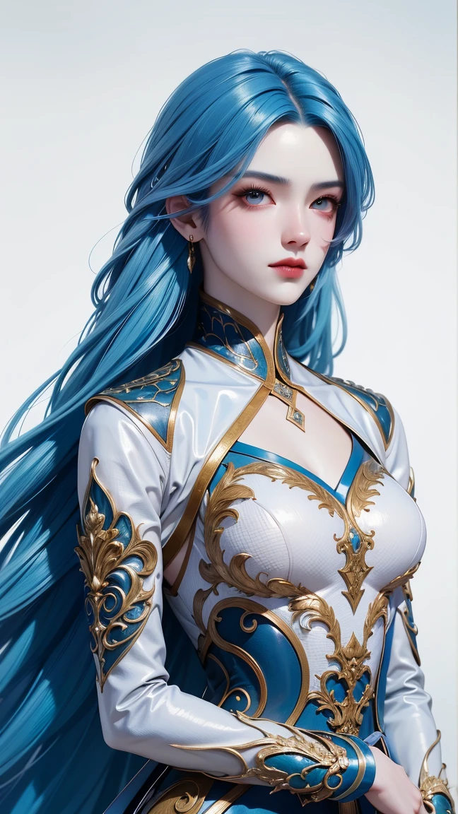 (masterpiece),(best quality:1.5),8k,absurdres,highres, Glowing skin:1.3, shiny skin, oil skin, 
Wang dong,
1girl,solo,jewelry,(long hair:1.3),(blue hair:1.5), (multicolor hair:1.3),alpha transparency,see-through,dress, white dress,simple background,realistic,expressionless,closed mouth, (upper body:1.3), outdoor,(looking at viwer:1.7), garden, closed mouth,sitting, (Long sleeve), absurddress, body suit, Sharp gaze,